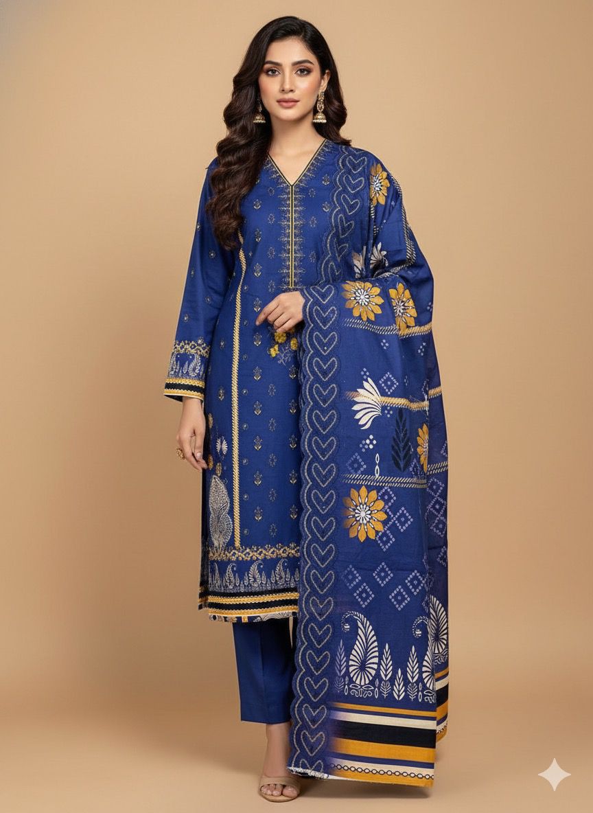3 PC-Khaddar Embroidered with Cutwork Dupatta-Unstitched