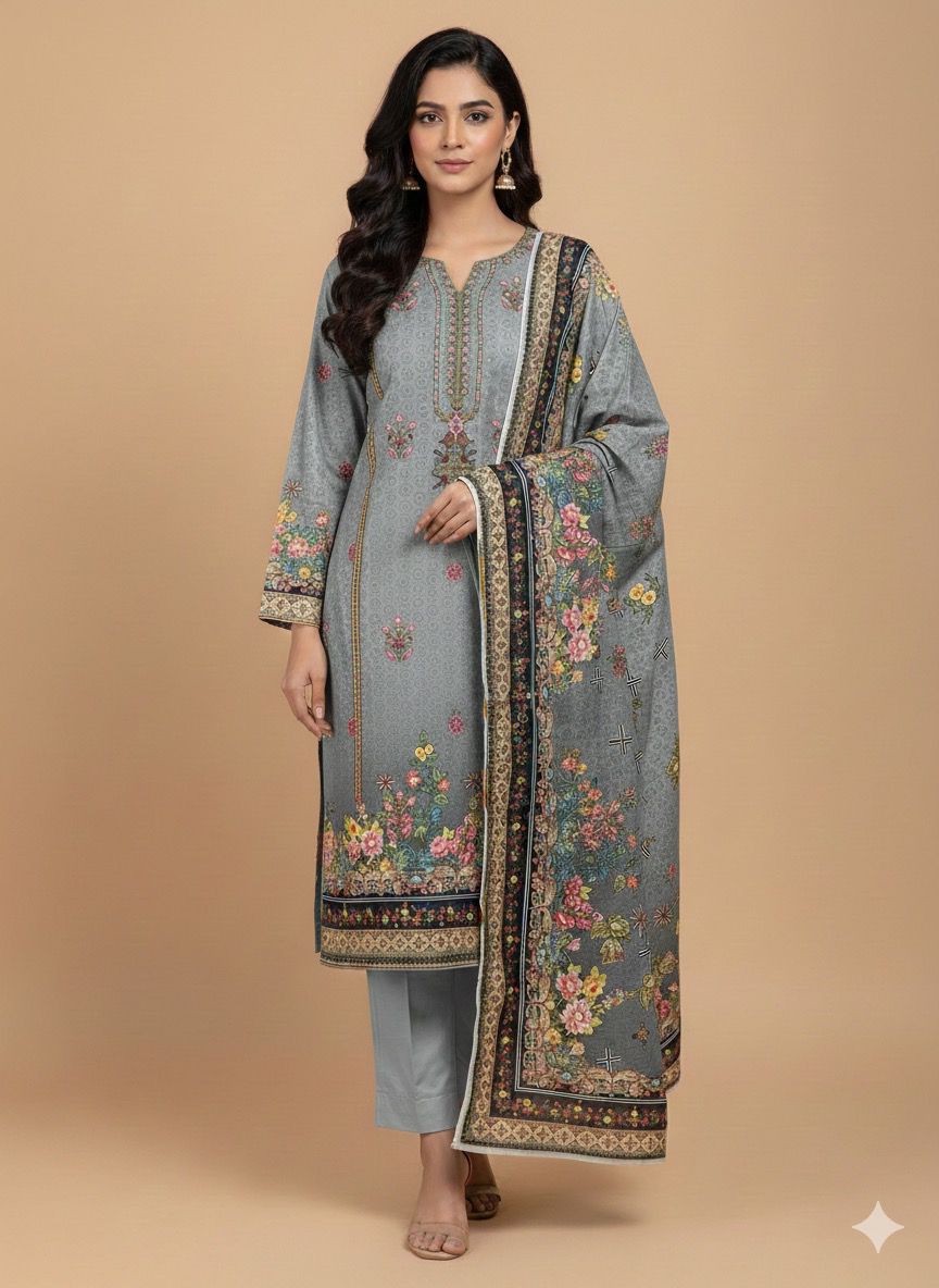 3 PC-Khaddar Embroidered with Cutwork Dupatta-Unstitched