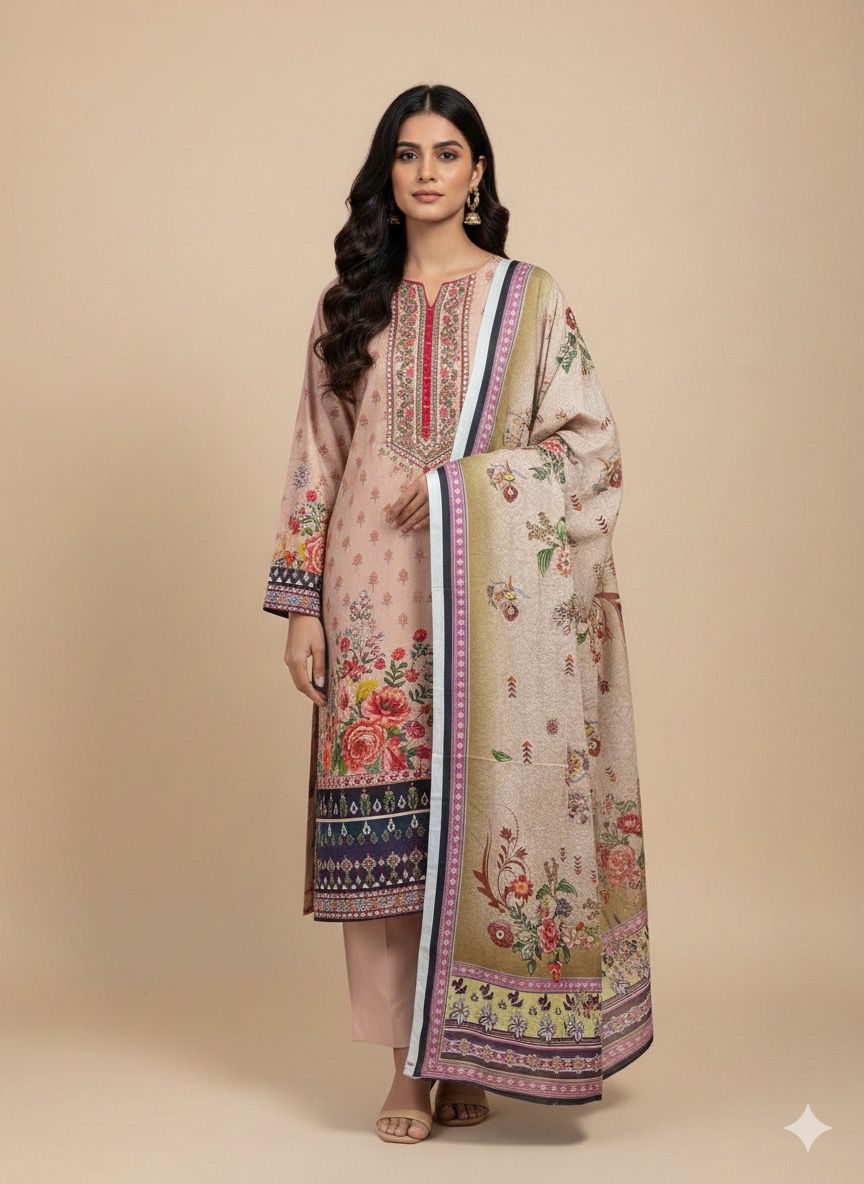 3 PC-Khaddar Embroidered with Cutwork Dupatta-Unstitched