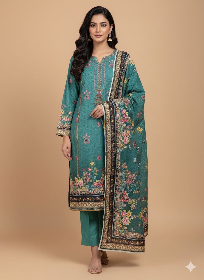 3 PC-Khaddar Embroidered with Cutwork Dupatta-Unstitched