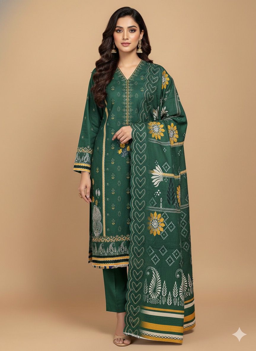 3 PC-Khaddar Embroidered with Cutwork Dupatta-Unstitched