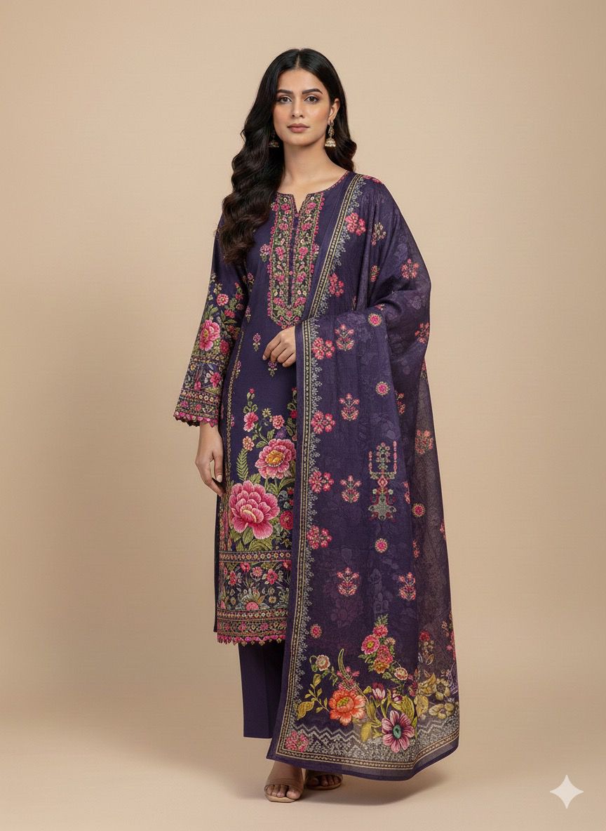 3 PC-Khaddar Embroidered with Cutwork Dupatta-Unstitched