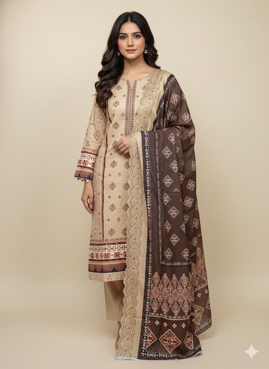 3 PC-Khaddar Embroidered with Cutwork Dupatta-Unstitched