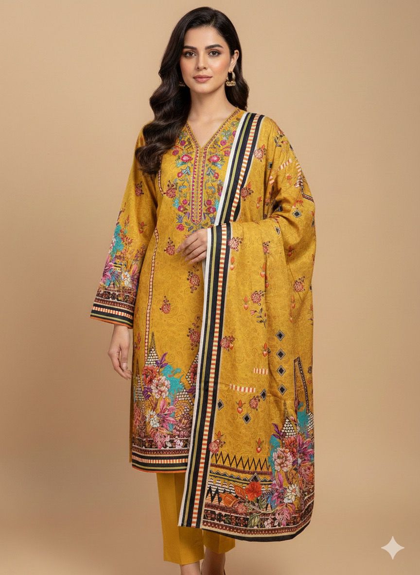 3 PC-Khaddar Embroidered with Cutwork Dupatta-Unstitched