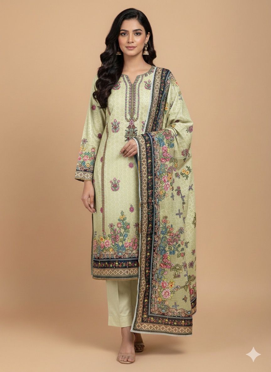 3 PC-Khaddar Embroidered with Cutwork Dupatta-Unstitched