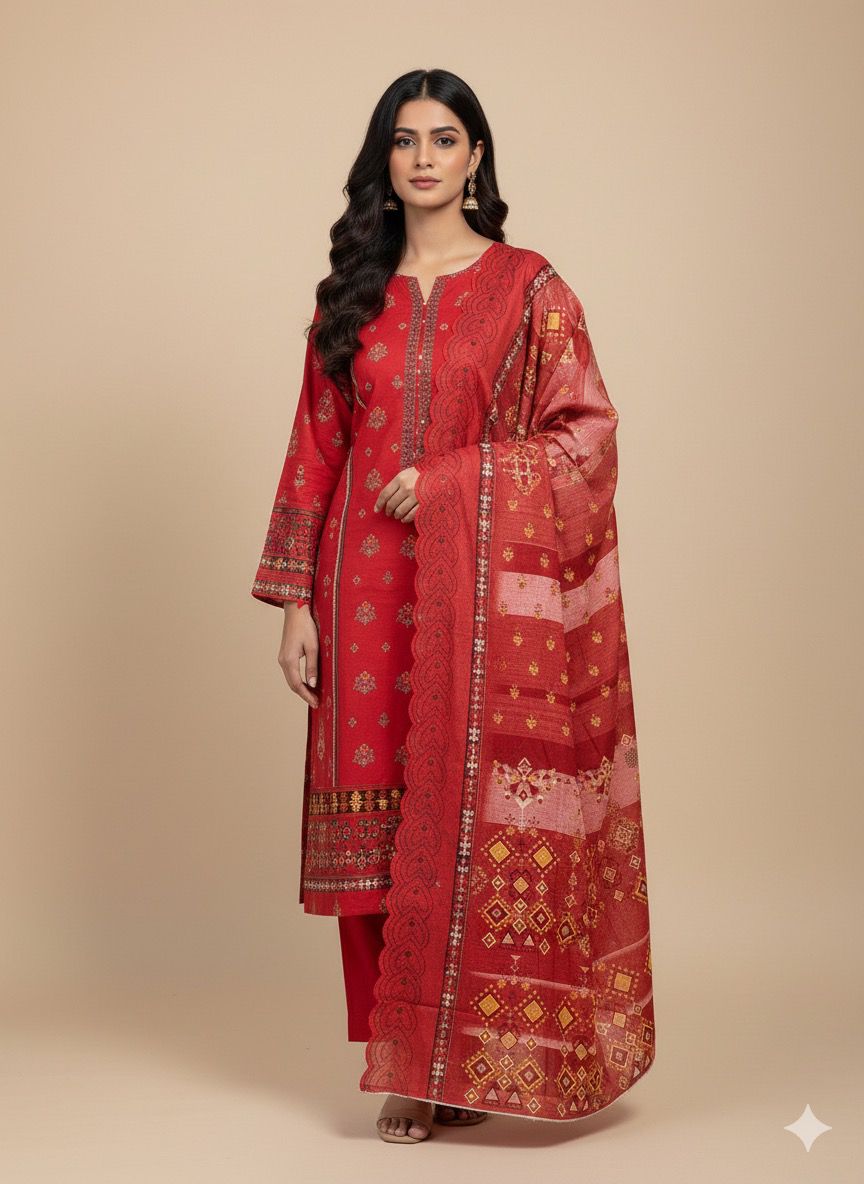 3 PC-Khaddar Embroidered with Cutwork Dupatta-Unstitched