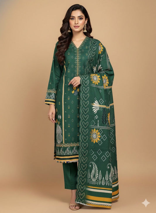 3 PC-Khaddar Embroidered with Cutwork Dupatta-Unstitched