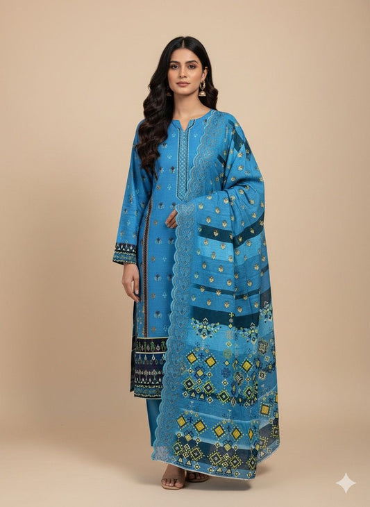 3 PC-Khaddar Embroidered with Cutwork Dupatta-Unstitched