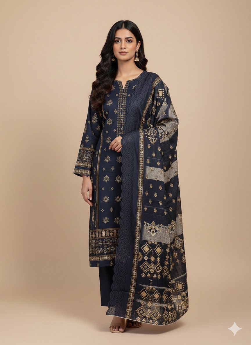 3 PC-Khaddar Embroidered with Cutwork Dupatta-Unstitched