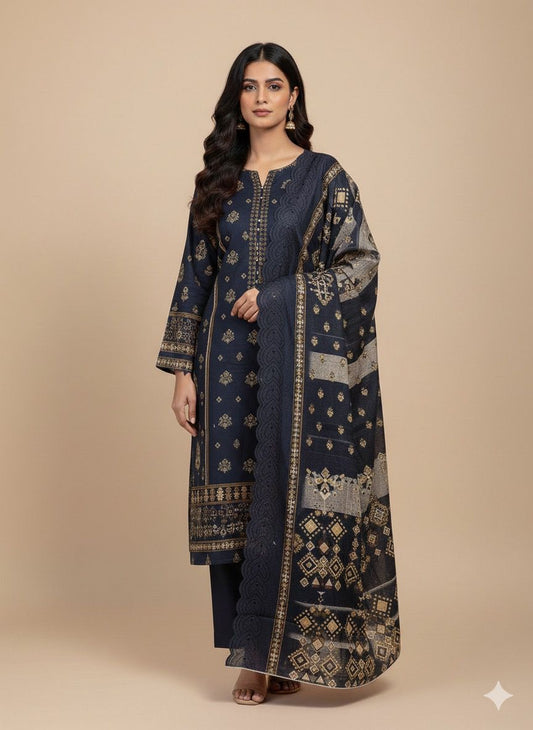 3 PC-Khaddar Embroidered with Cutwork Dupatta-Unstitched